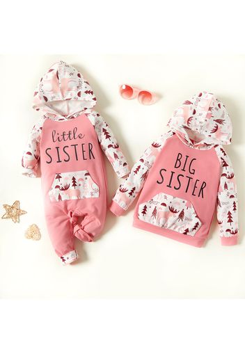 Letter Print Pink Floral Long-sleeve Hooded Sweatshirts for Sister and Me