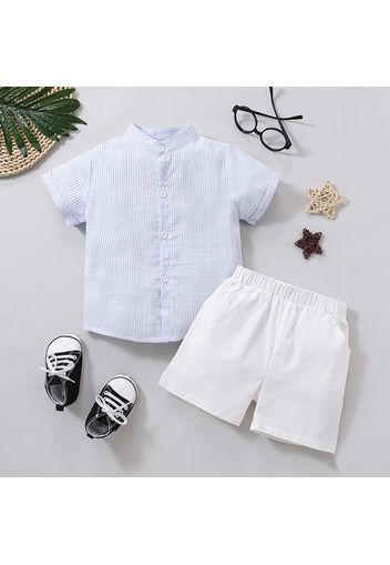 Refreshing As Soda Toddler Boy 2pcs 100% Cotton Striped Stand Collar Short-sleeve Blue Shirt Top and Solid White Shorts Set