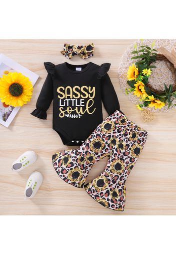 3pcs Baby Girl Letter Print Long-sleeve Romper with Sunflowers Floral Print Leopard Flared Pants and Headband Set