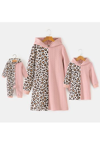 Leopard Splicing Pink Textured Long-sleeve Hoodie Dress for Mom and Me