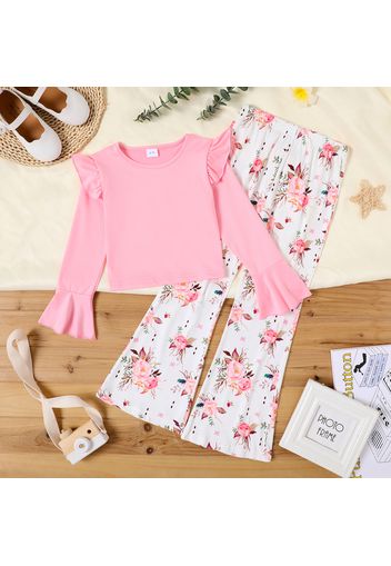 2-piece Kid Girl Ruffled Long Bell sleeves Pink Top and Floral Print Flared Pants Set