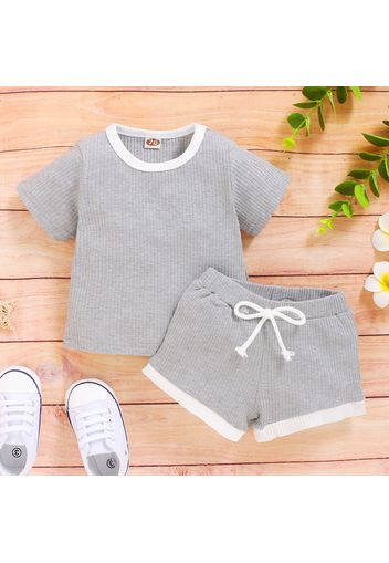 2pcs Ribbed Solid Short-sleeve Baby Set