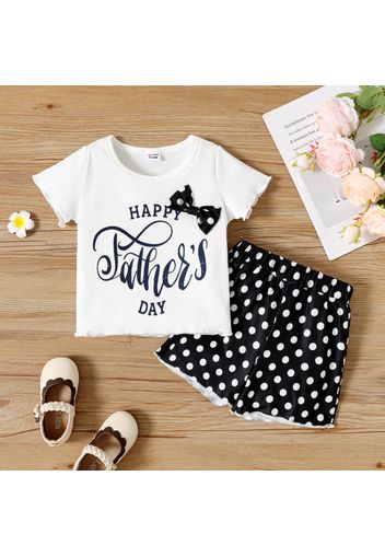 2pcs Toddler Girl Letter Print Bowknot Design Short-sleeve White Tee and Polka dots Shorts Set