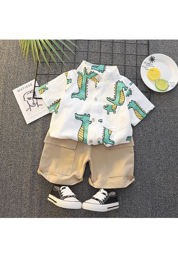 2pcs Toddler Boy Playful Animal Crocodile Print Shirt and Pocket Design Shorts Set