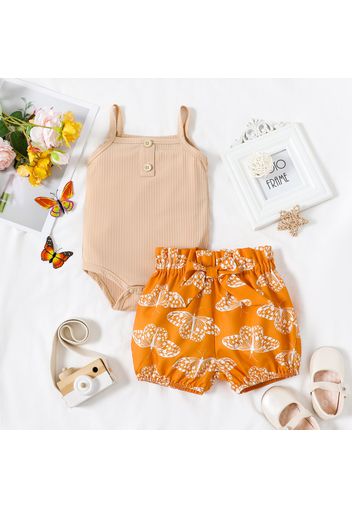 2pcs Baby Girl Solid Ribbed Sleeveless Spaghetti Strap Romper and Butterfly Print Bowknot Shorts Set