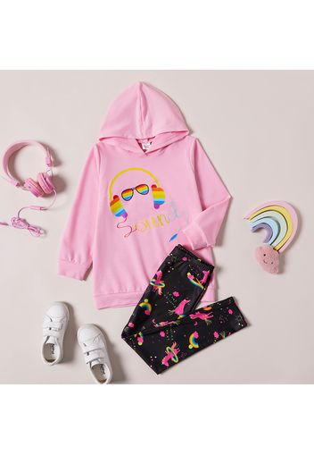 2-piece Kid Girl Headphone Glasses Print Pink Hoodie and Unicorn Rainbow Print Leggings Set