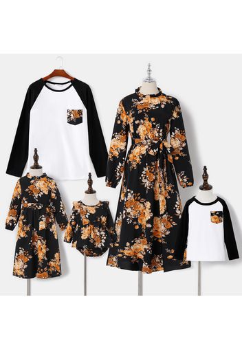 Family Matching All Over Floral Print Black Long-sleeve Dresses and Cotton Raglan-sleeve T-shirts Sets