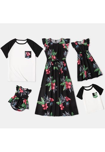 Family Matching All Over Floral Print Black Ruffle Flutter-sleeve Dresses and Short Raglan Sleeve T-shirts Sets