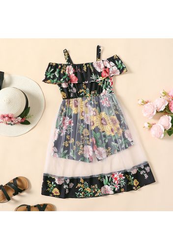 Kid Girl Floral Print Mesh Design Off Shoulder Strap Romper Jumpsuit Shorts