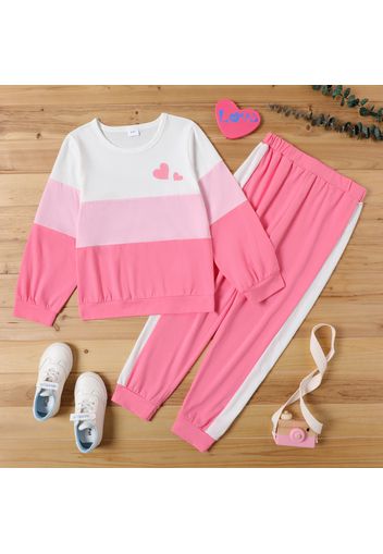 2-piece Kid Girl Heart Print Colorblock Sweatshirt and Elasticized Pants Set