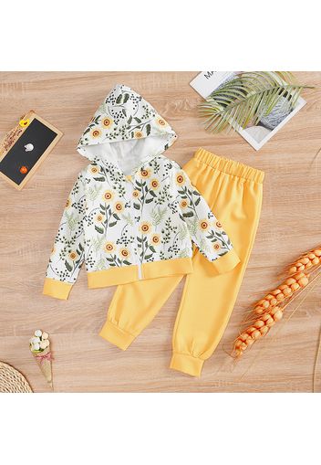 2-piece Toddler Girl Floral Print Zipper Hooded Jacket and Solid Pants Set