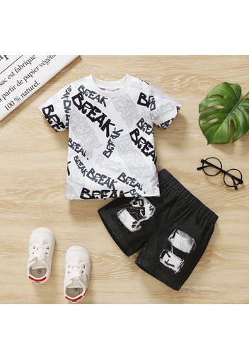 2pcs Baby Boy Allover Letter Print Short-sleeve T-shirt and Ripped Denim Shorts Set