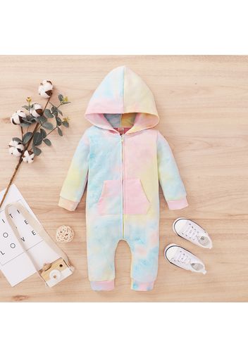 Tie-dyed Color Block Hooded Long-sleeve Baby Jumpsuit