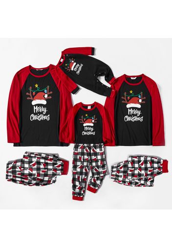 Christmas Antler Hat and Letter Print Family Matching Raglan Long-sleeve Plaid Pajamas Sets (Flame Resistant)