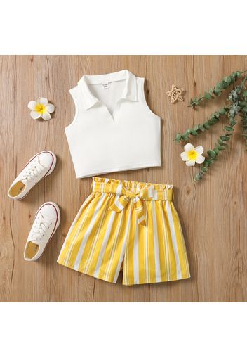 2pcs Kid Girl Lapel Collar Tank Top and Belted Stripe Shorts Set