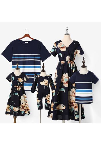 V-neck Allover Floral Print and Solid Stripe Short-sleeve Family Matching Sets