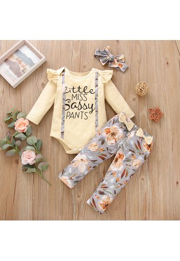 3-piece Baby Girl 100% Cotton Letter Print Ruffled Long-sleeve Romper, Bowknot Design Floral Print Pants and Headband Set