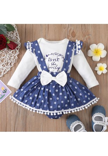 2pcs Baby Girl Letter Print Long-sleeve Romper and Pom Poms Polka Dots Denim Suspender Skort Set