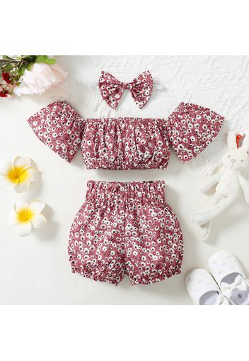 3pcs Baby Girl All Over Floral Print Off Shoulder Short-sleeve Crop Top and Bloomers Shorts with Headband Set