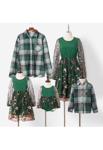 Family Matching Floral Embroidered Mesh Dresses and Short-sleeve Plaid Shirts Sets