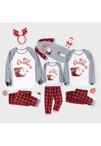 Christmas Cartoon Santa and Letter Print Family Matching Raglan Long-sleeve Red Plaid Pajamas Sets (Flame Resistant)