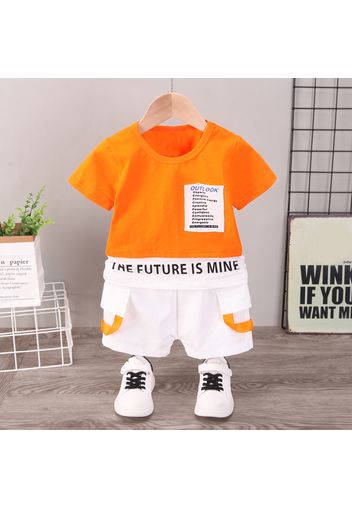 100% Cotton 2pcs Baby Boy Letter Print Patch Detail Short-sleeve T-shirt and Shorts Set