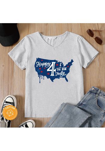 Women Graphic 4th of July Letter Print V Neck Short-sleeve Grey T-shirt