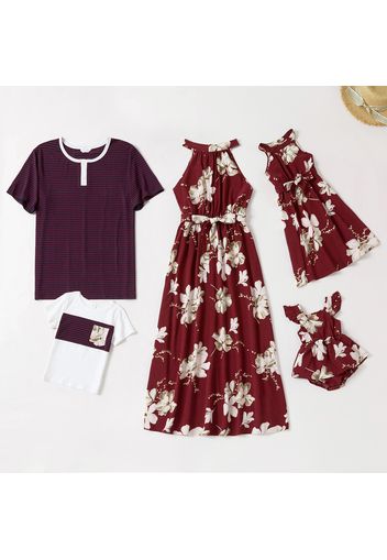 Floral Dresses Romper and Stripe T-shirts Family Matching Sets