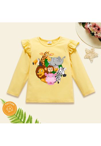 Toddler Girl Animal Print Ruffled Long-sleeve Pale Yellow Cotton Tee