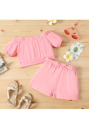 2pcs Kid Girl Solid Color Off Shoulder Short-sleeve Tee and Bowknot Design Shorts Set