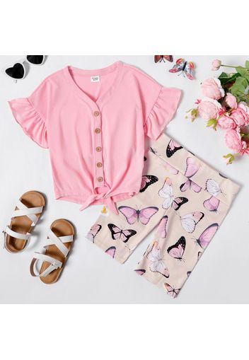 2-piece Kid Girl Ruffled Button Design Tie Knot Pink Tee and Butterfly Print Shorts Set