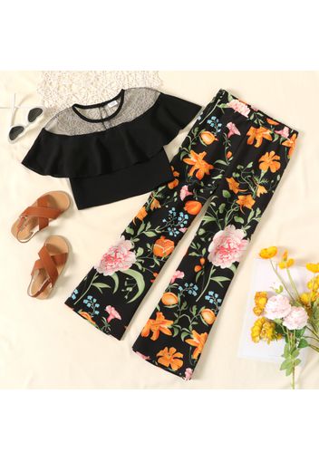 2-piece Kid Girl Mesh Design Flounce Black Crop Tee and Floral Print Elasticized Pants Set