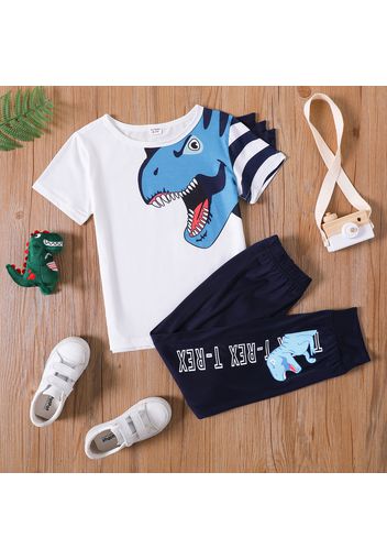 2-piece Kid Boy Animal Dinosaur Print Spike Design Short-sleeve Tee and Letter Print Dark Blue Pants Set