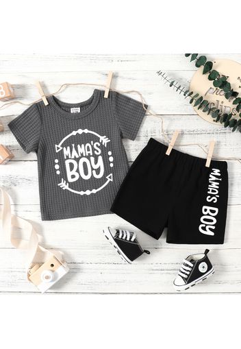 2pcs Baby Boy Letter Print Waffle Short-sleeve Top and Shorts Set