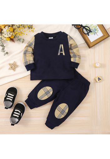 2pcs Baby Boy Letter Embroidered Spliced Plaid Long-sleeve Sweatshirt and Patch Detail Sweatpants Set