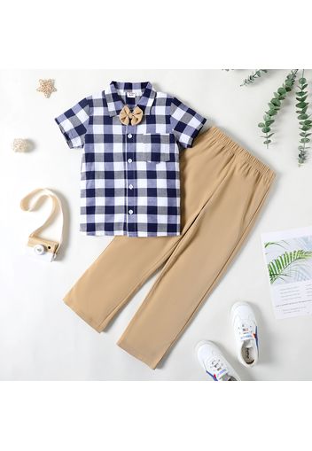 2pcs Kid Boy Preppy style Bow tie Design Lapel Collar Plaid Shirt and Khaki Pants Set