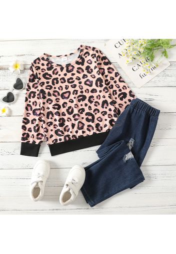 2-piece Kid Girl Leopard Print Pullover Sweatshirt and Ripped Denim Jeans Set