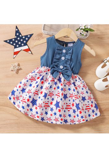 Independence Day Baby Girl Imitation Denim Splicing Stars Print Sleeveless Tank Dress