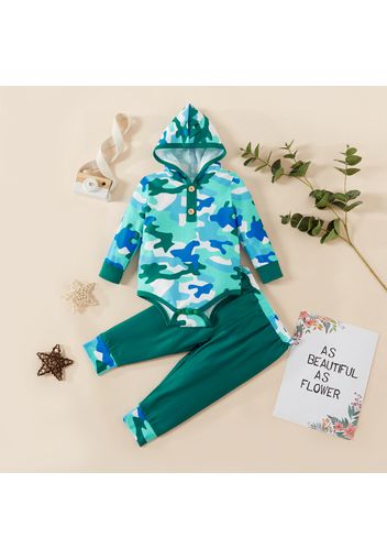 2pcs Baby Boy Camouflage Long-sleeve Hooded Romper and Trousers Set