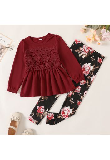 2-piece Kid Girl Lace Design Long-sleeve Peplum Top and Floral Print Leggings Set