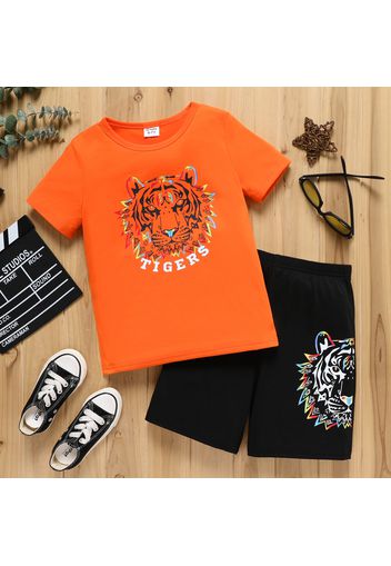 2pcs Kid Boy Animal Tiger Print Orange Short-sleeve Tee and Black Shorts Set