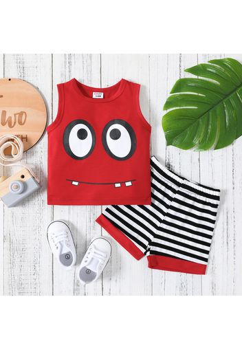 2pcs Baby Boy Cartoon Print Sleeveless Tank Top and Striped Shorts Set