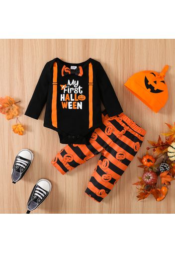 Halloween 3pcs Baby Boy/Girl 95% Cotton Long-sleeve Pumpkin & Letter Print Romper and Striped Pants with Hat Set