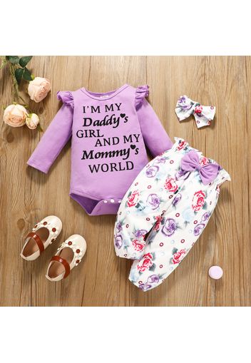 3pcs Baby Girl 95% Cotton Long-sleeve Letter Print Romper and Allover Floral Print Pants with Headband Set