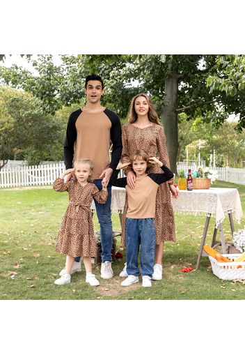 Brown Series Long-sleeve Family Matching Sets(Polka Dot V Neck Belted Midi Tiered Dresses and Long Sleeve T-shirts)