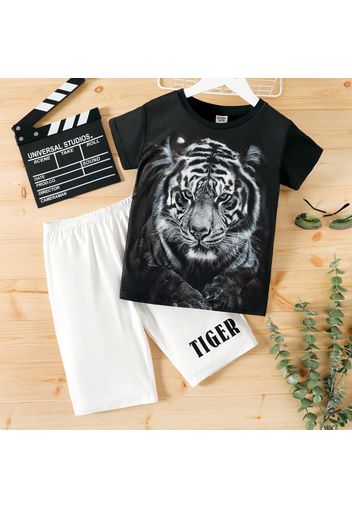 2-piece Kid Boy Animal Tiger Print Short-sleeve Tee and Letter Print Shorts Set