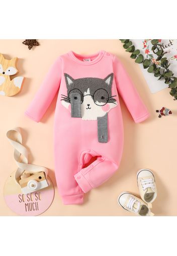 Baby Girl Cartoon Animal Pattern Fleece Lined Long-sleeve Jumpsuit