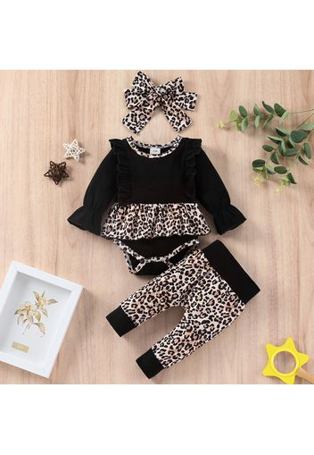 100% Cotton 3pcs Baby Girl Leopard Splicing Black Long-sleeve Ruffle Romper and Pants Set