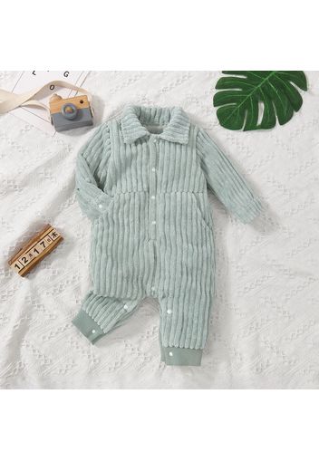 Solid Ribbed Lapel Long-sleeve Thickened Cotton Baby Jumpsuit