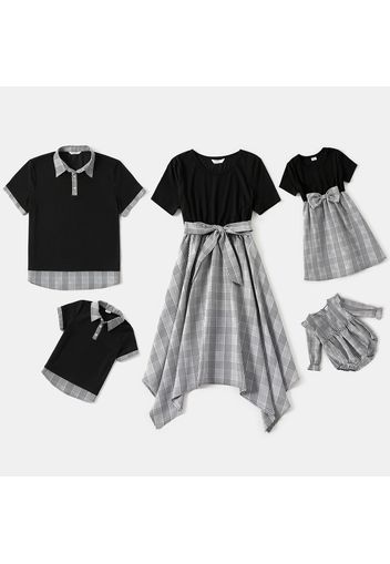 Family Matching Black Short-sleeve Splicing Plaid Dresses and Polo Shirts Sets